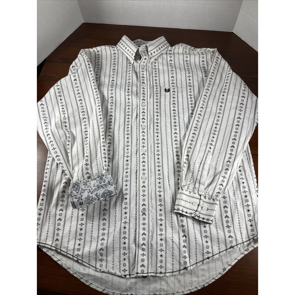 Panhandle Rough Stock Southwest Design Button Up Shirt Sz Large Black & White LS